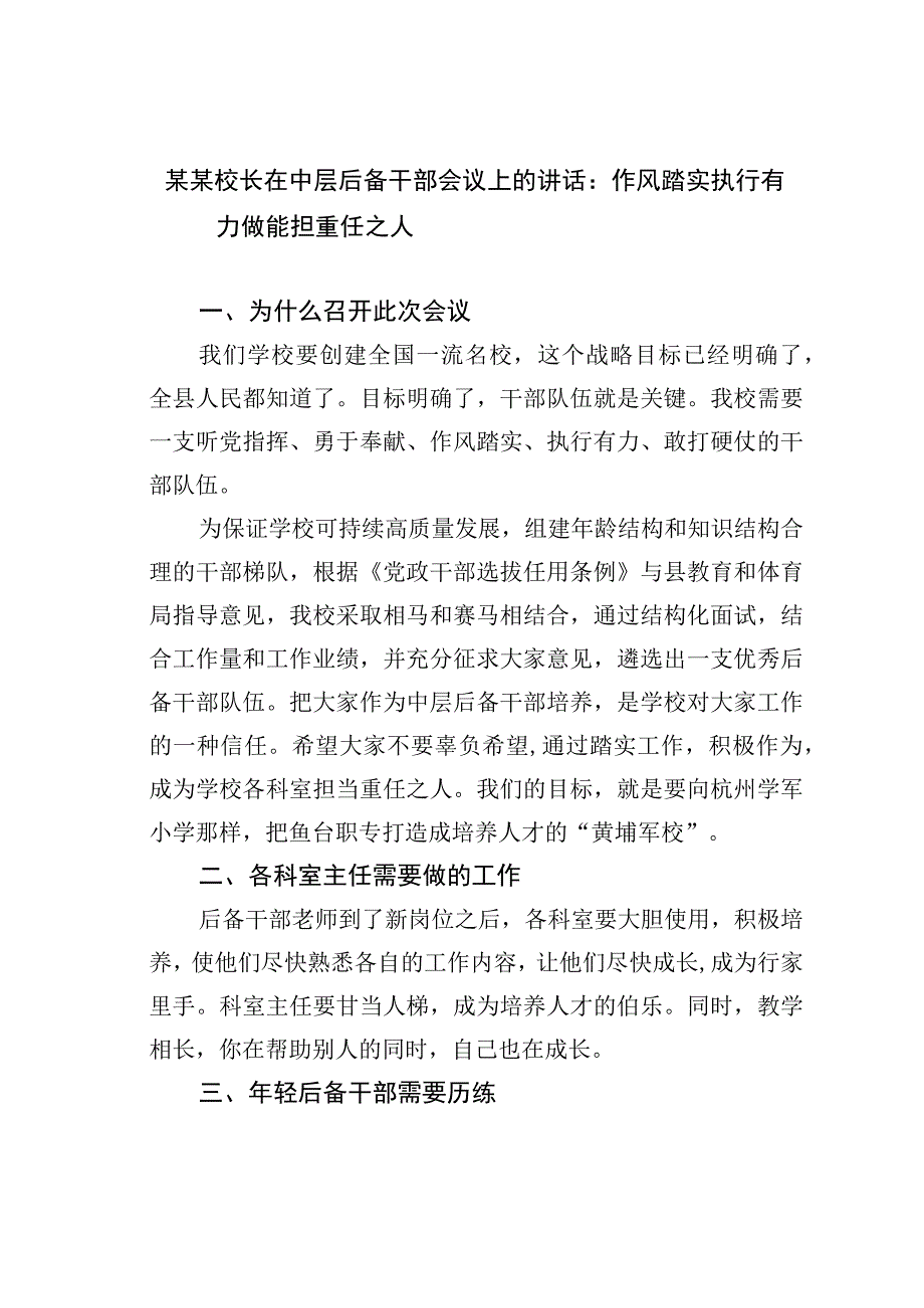 某某校长在中层后备干部会议上的讲话：作风踏实执行有力做能担重任之人.docx_第1页