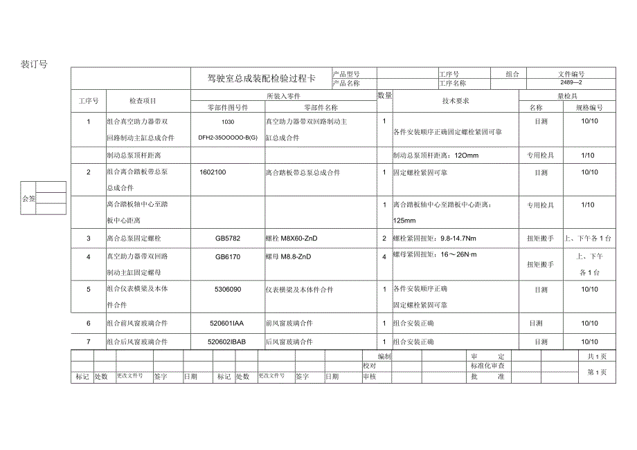 驾驶室总成装配检验过程卡.docx_第1页