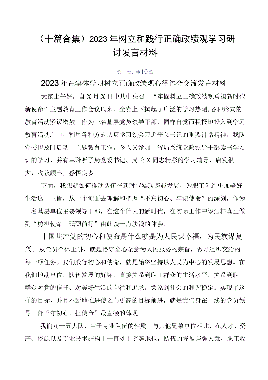 （十篇合集）2023年树立和践行正确政绩观学习研讨发言材料.docx_第1页