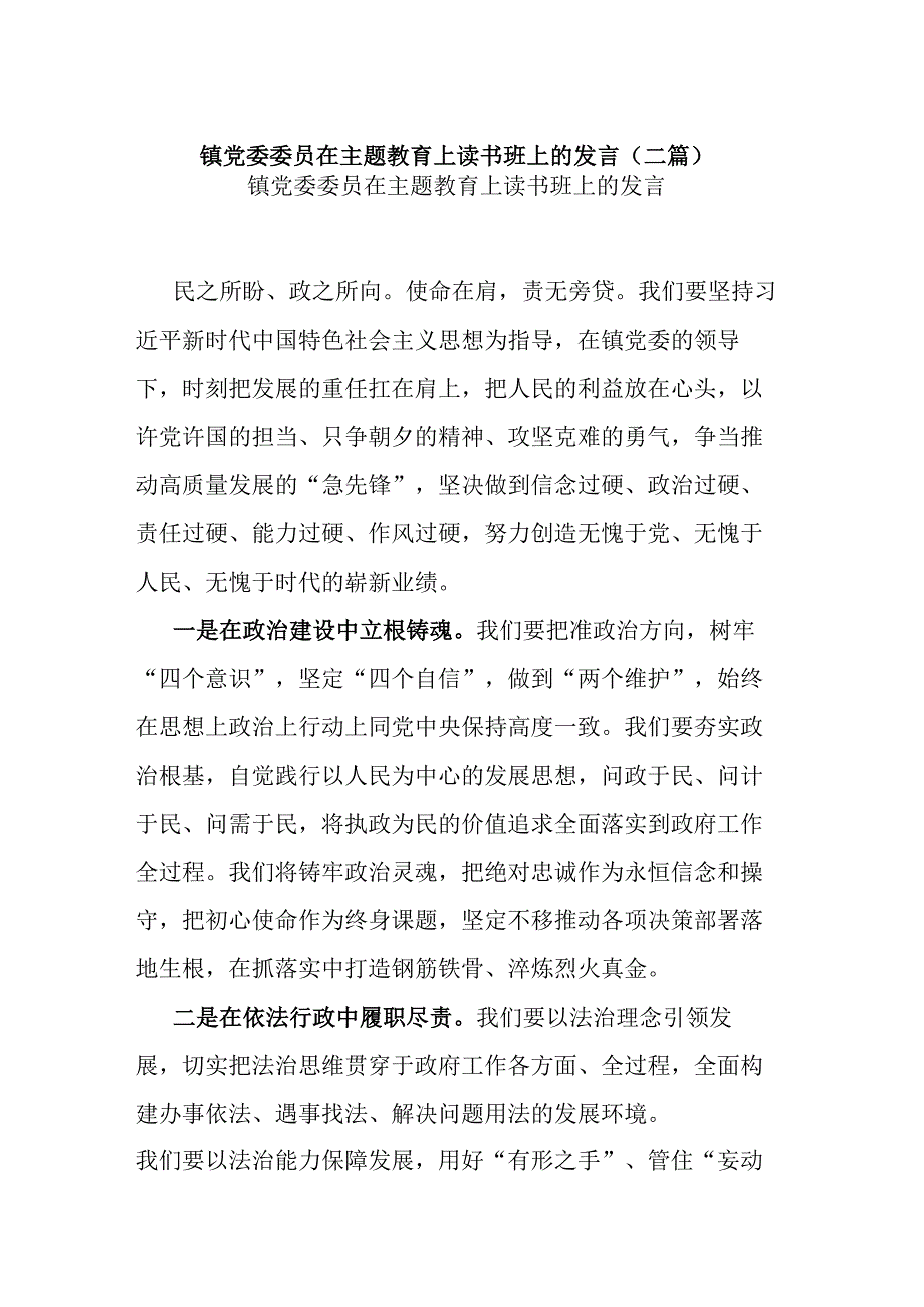 镇党委委员在主题教育上读书班上的发言(二篇).docx_第1页