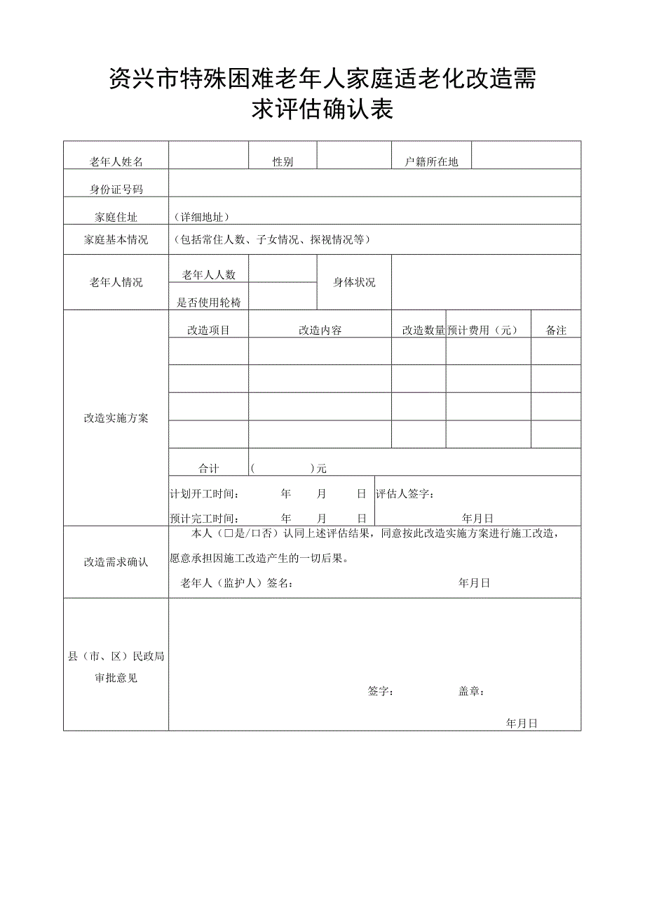 资兴市特殊困难老年人家庭适老化改造需求评估确认表.docx_第1页