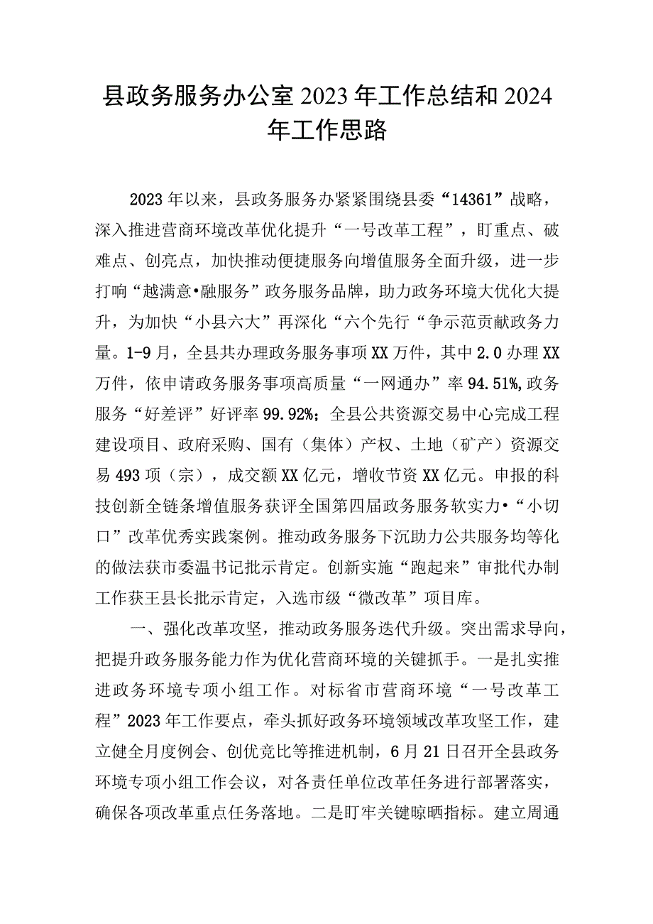 某县政务服务办公室2023-2024年度工作总结下一年工作思路计划.docx_第1页