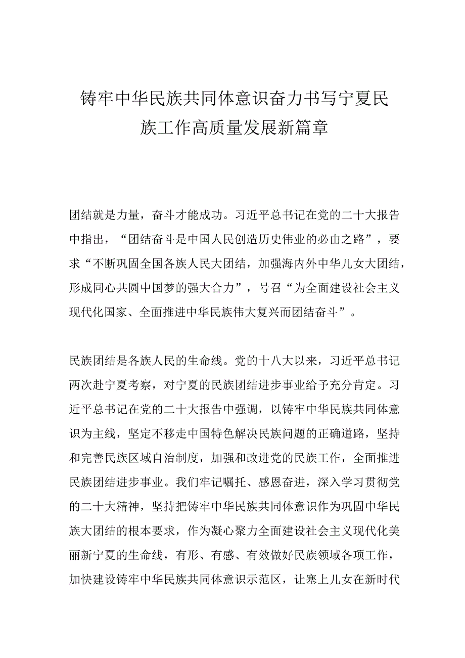 铸牢中华民族共同体意识 奋力书写宁夏民族工作高质量发展新篇章.docx_第1页