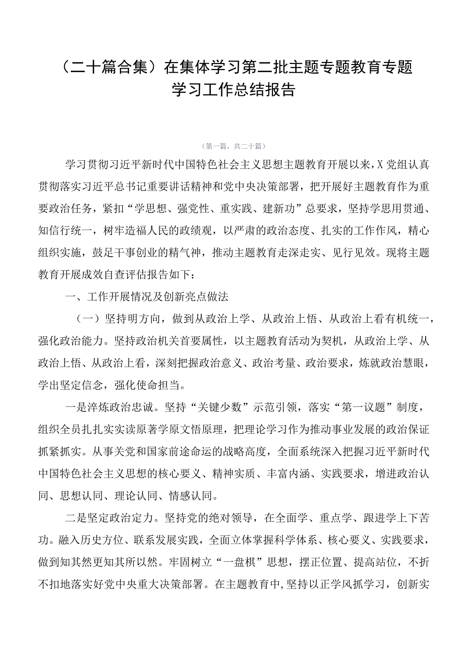 （二十篇合集）在集体学习第二批主题专题教育专题学习工作总结报告.docx_第1页