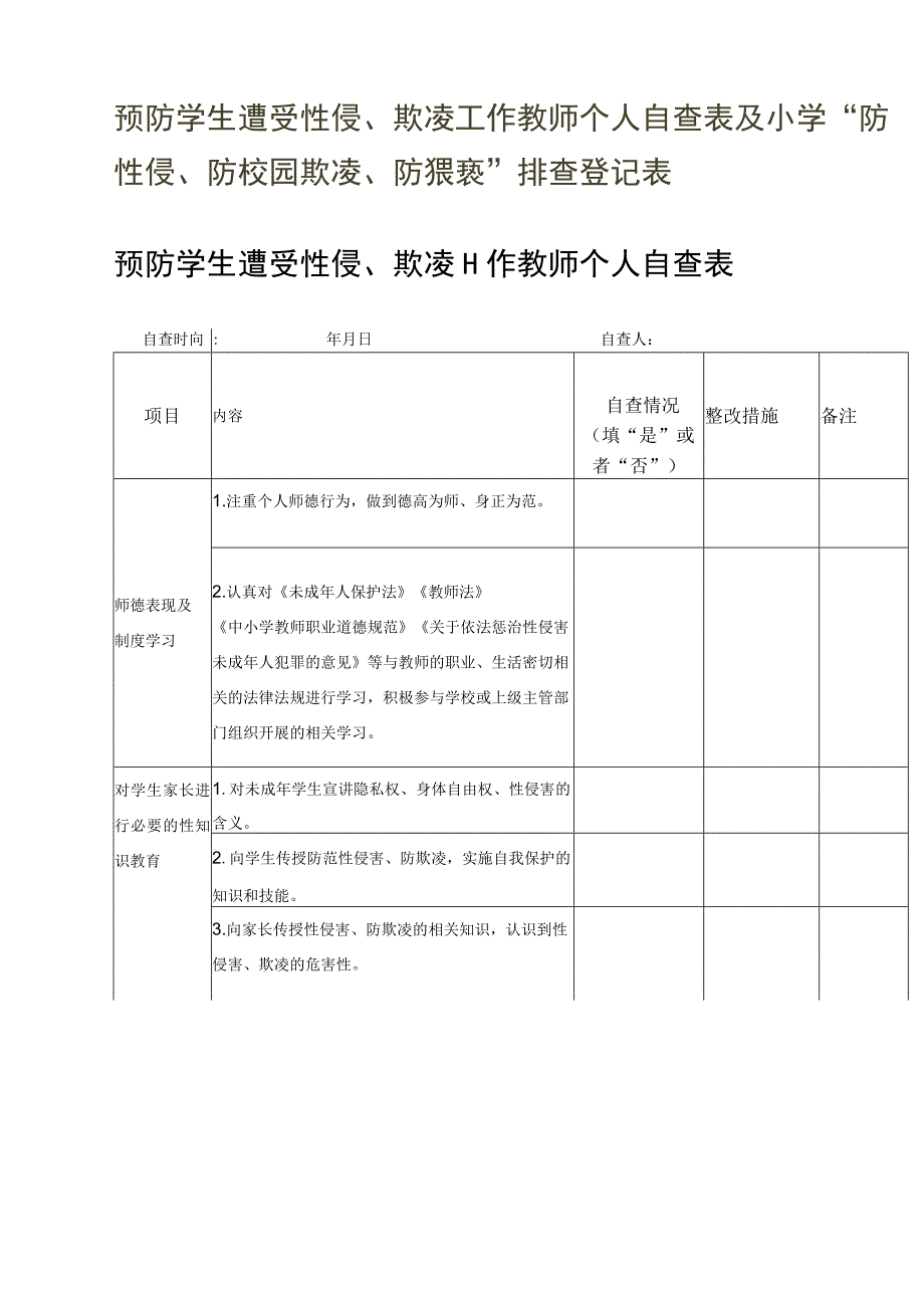 预防学生遭受性侵、欺凌工作教师个人自查表及小学“防性侵、防校园欺凌、防猥亵”排查登记表.docx_第1页