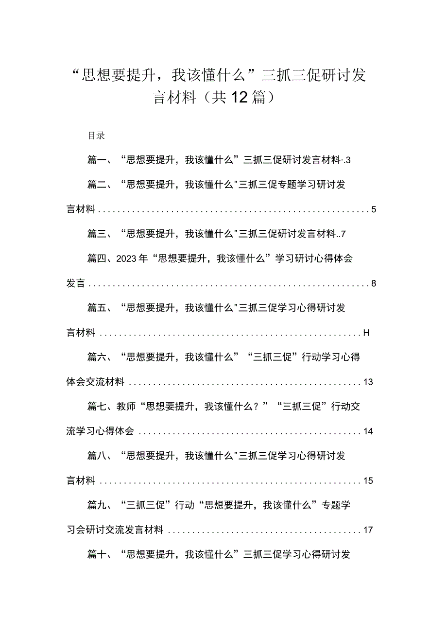 （12篇）“思想要提升我该懂什么”三抓三促研讨发言材料最新.docx_第1页