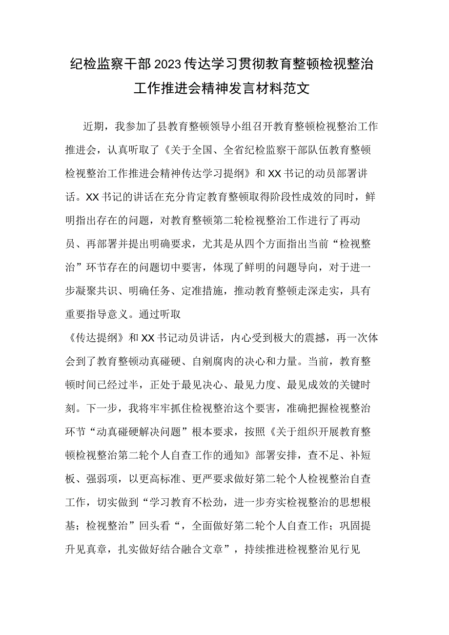 纪检监察干部2023传达学习贯彻教育整顿检视整治工作推进会精神发言材料范文.docx_第1页