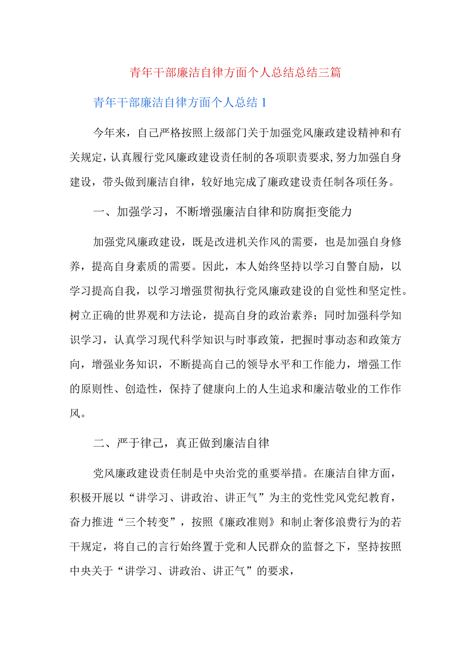 青年干部廉洁自律方面个人总结总结三篇.docx_第1页