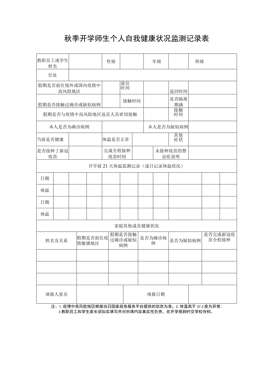 秋季开学师生个人自我健康状况监测记录表.docx_第1页