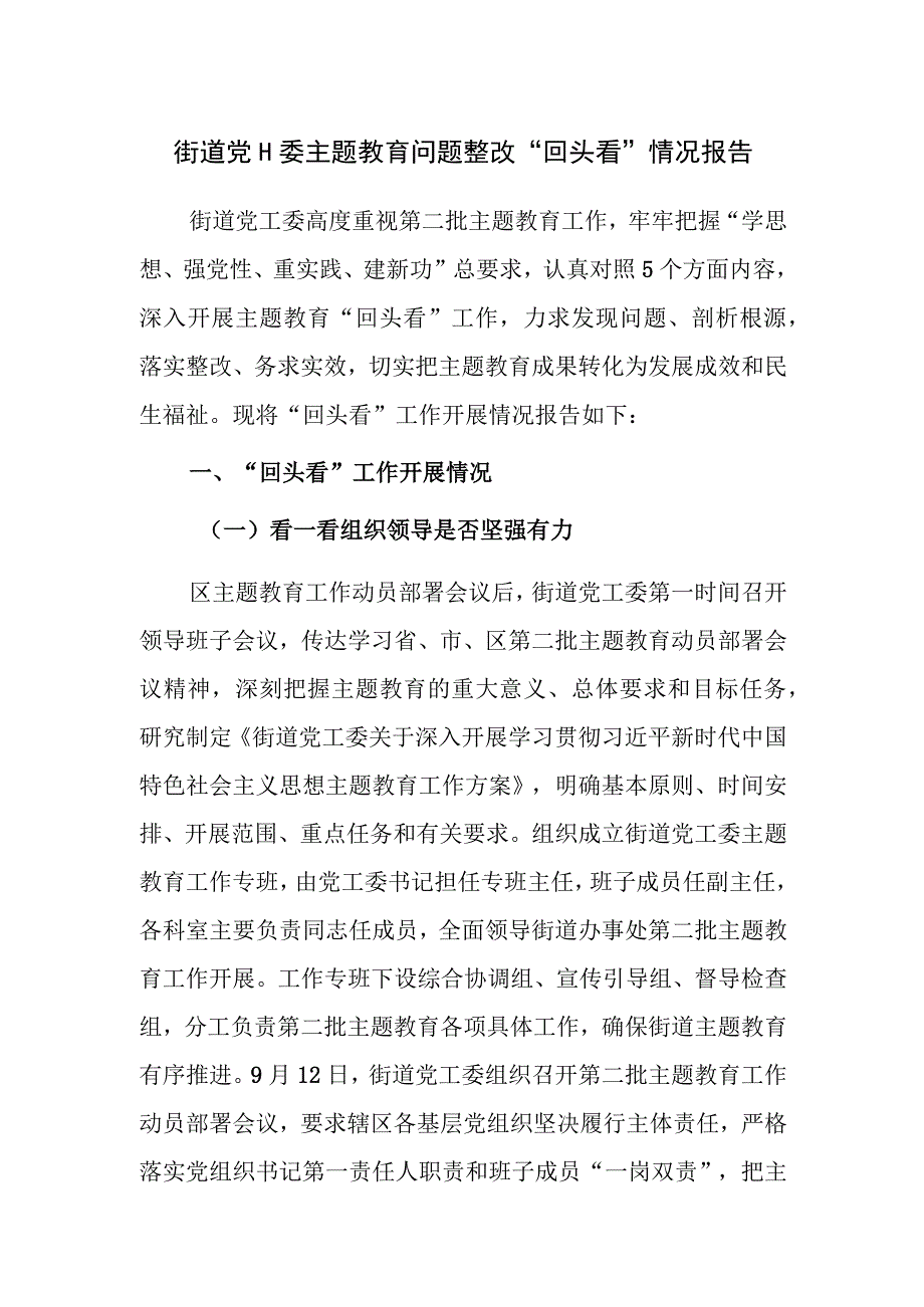 街道党工委主题教育问题整改“回头看”情况报告范文.docx_第1页