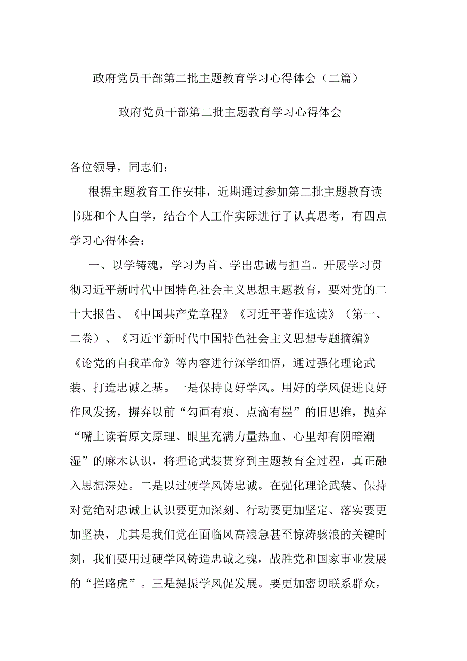 政府党员干部第二批主题教育学习心得体会(二篇).docx_第1页