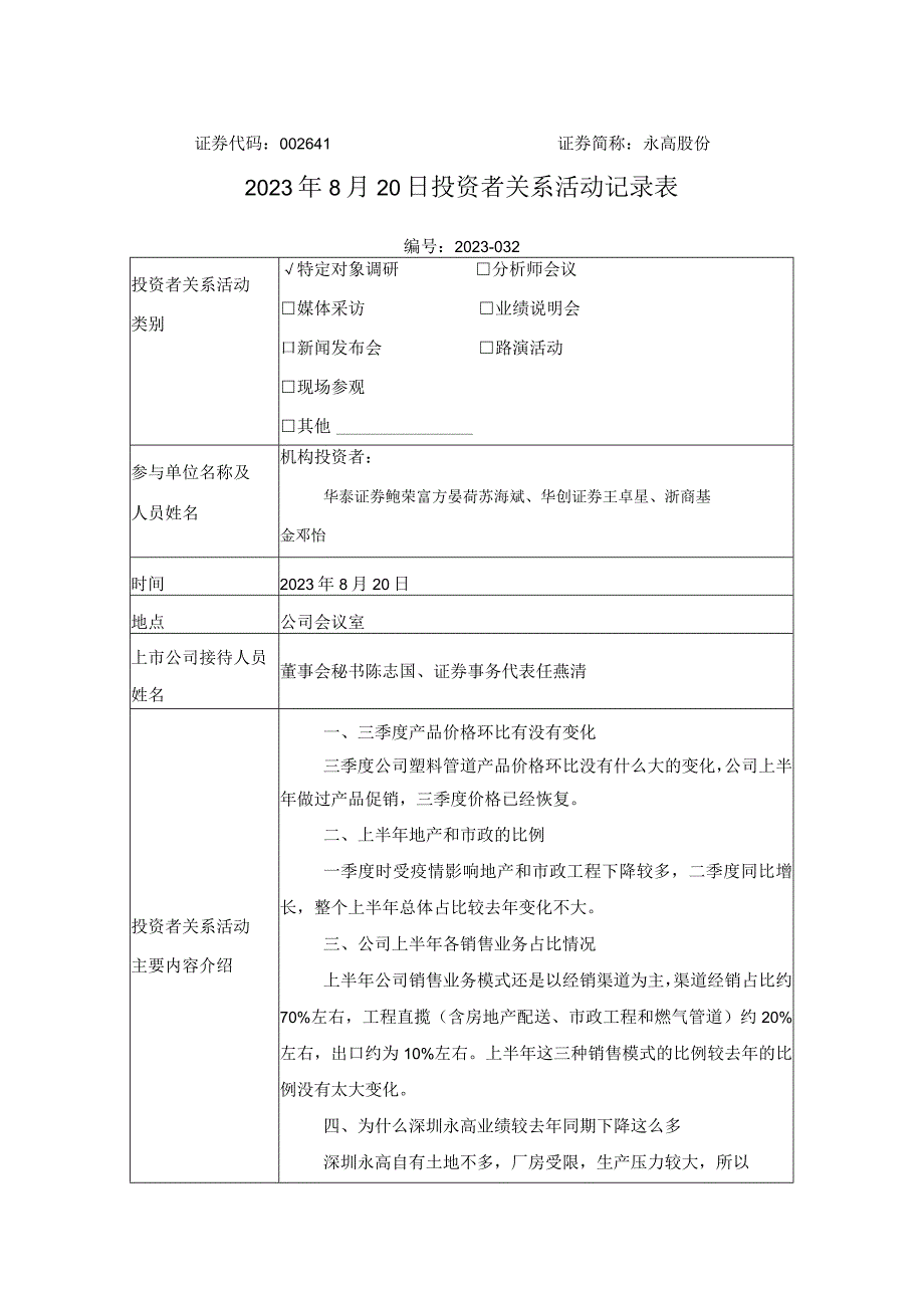 证券代码641证券简称永高股份2020年8月20日投资者关系活动记录表.docx_第1页