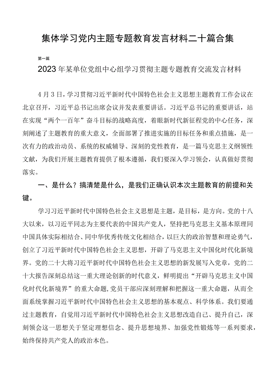 集体学习党内主题专题教育发言材料二十篇合集.docx_第1页