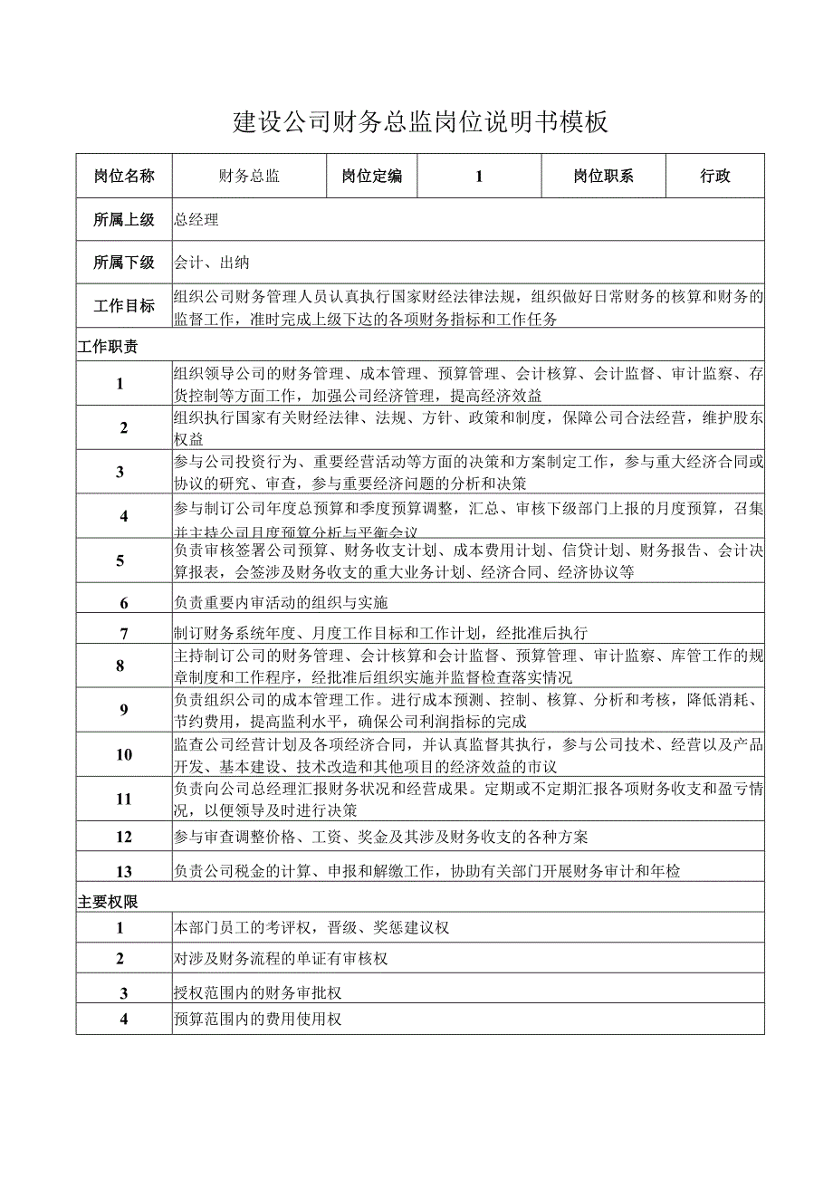 建设公司财务总监岗位说明书模板.docx_第1页