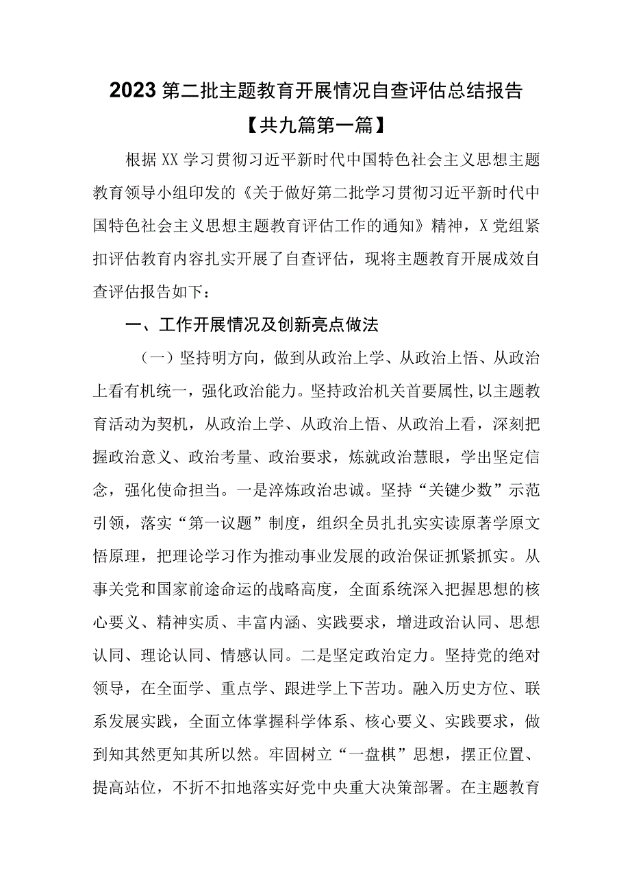 （9篇）2023年第二批主题教育开展情况自查评估总结报告.docx_第1页