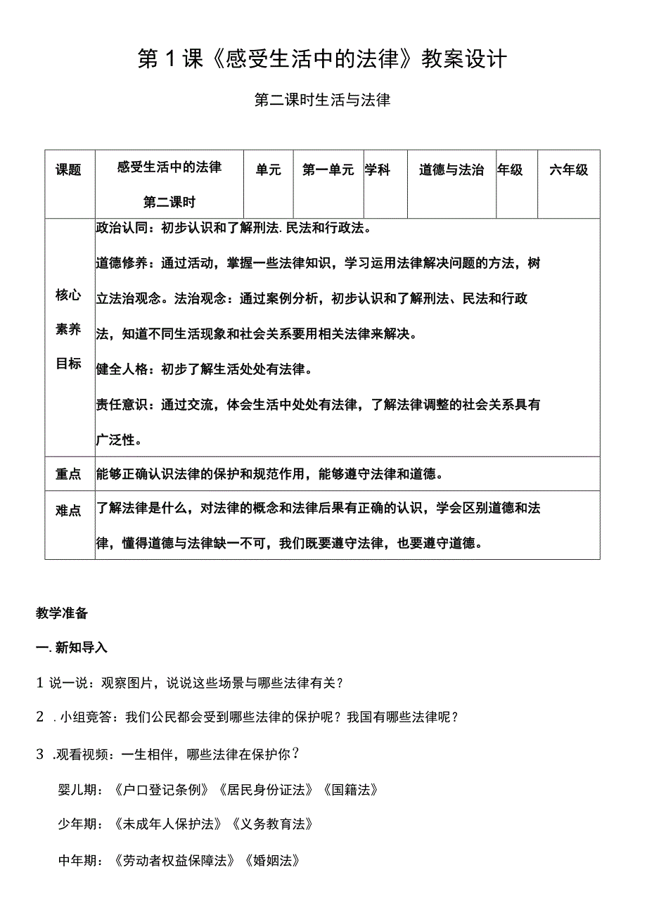 （核心素养目标）1-2 感受生活中的法律 第二课时 教案设计.docx_第1页