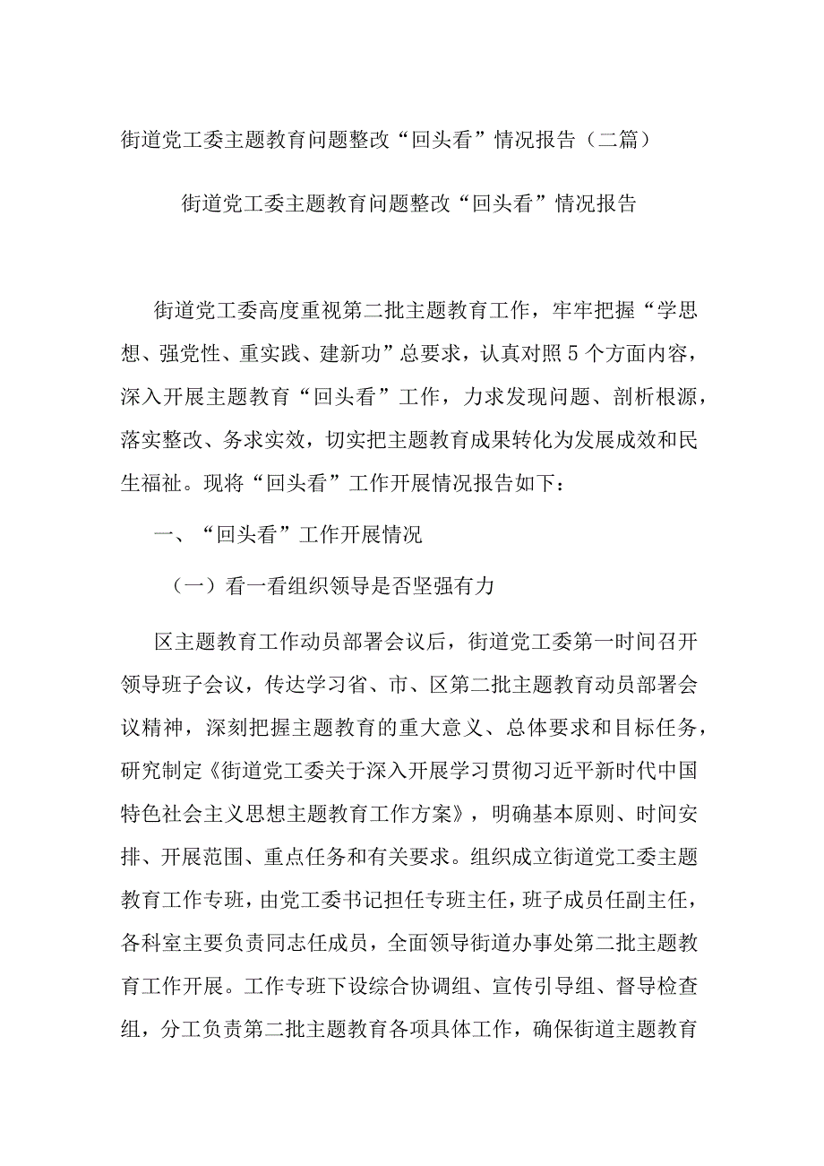 街道党工委主题教育问题整改“回头看”情况报告(二篇).docx_第1页