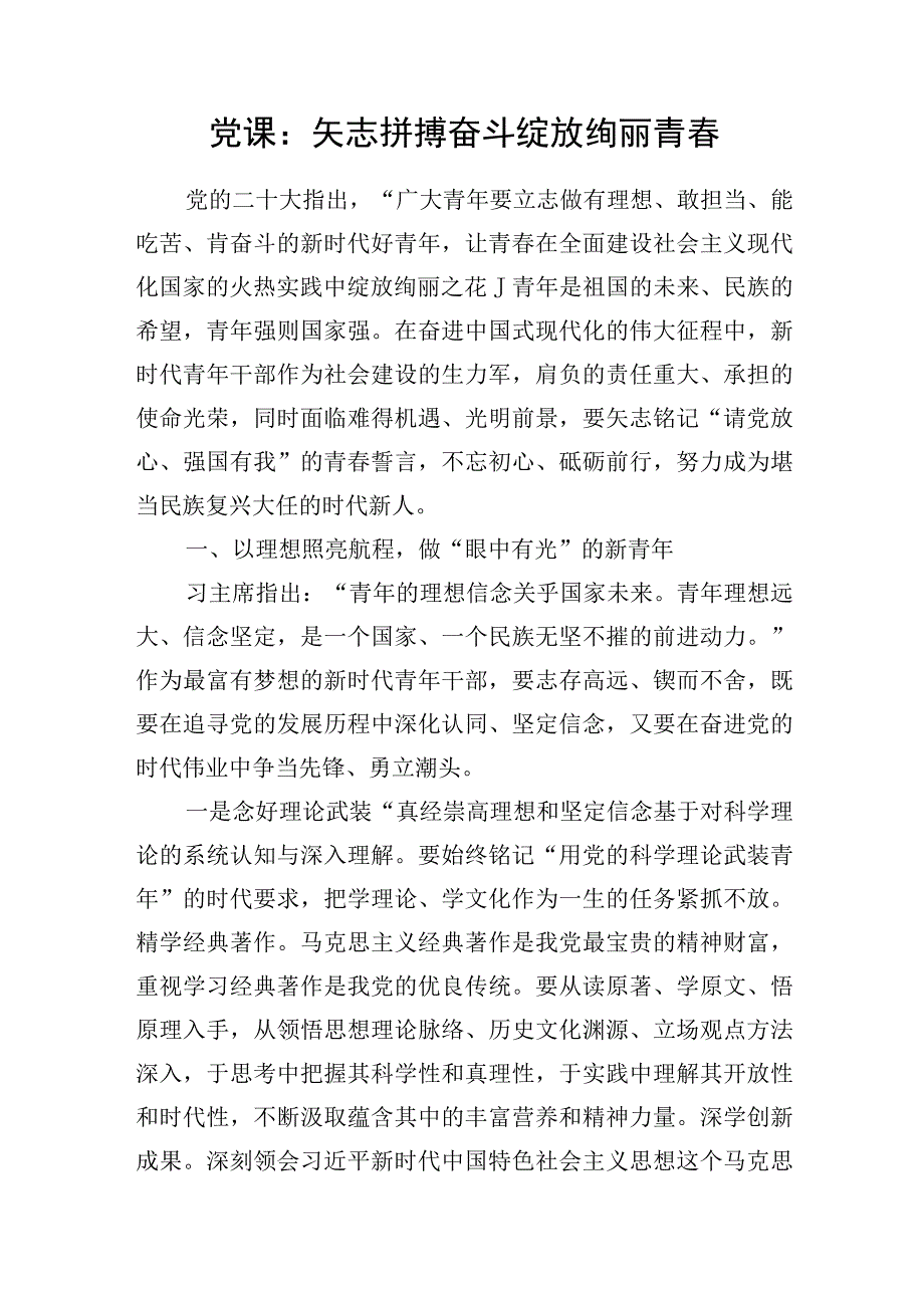 青年党员干部青春学习二十大精神参加主题教育理想担当吃苦团结奋斗专题党课讲稿5篇.docx_第2页