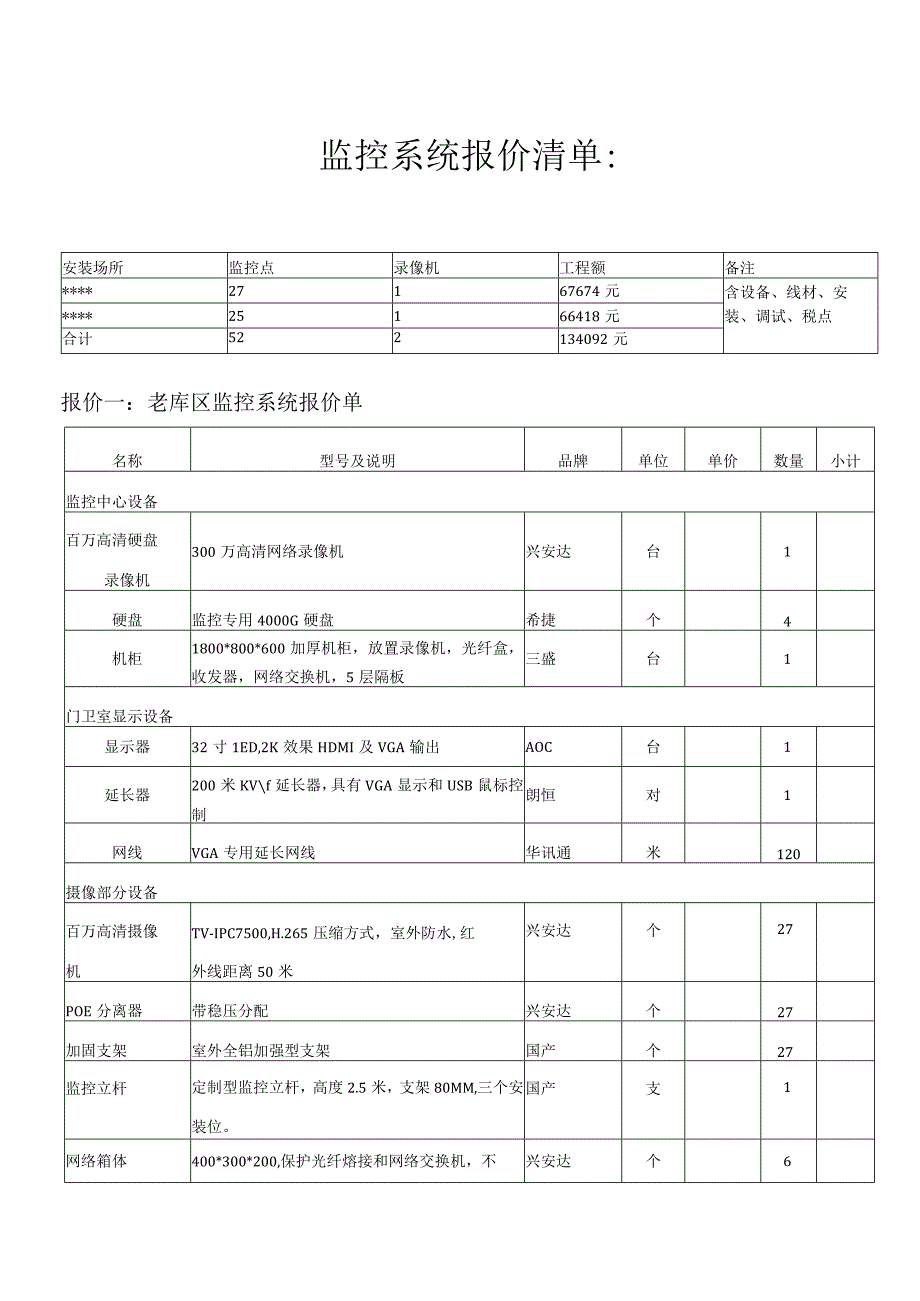 高清监控系统报价清单.docx_第1页