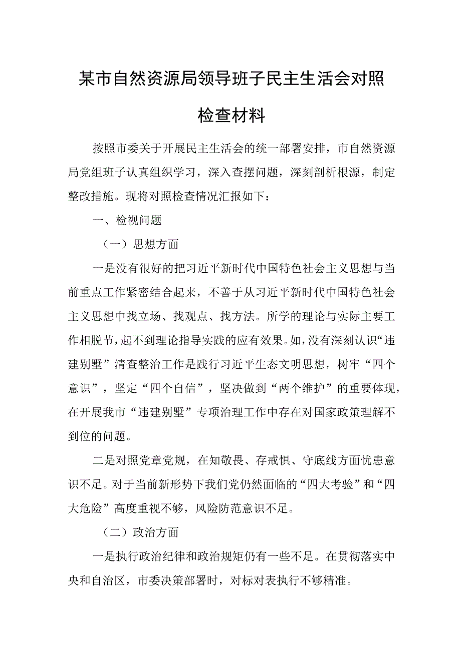 某市自然资源局领导班子民主生活会对照检查材料.docx_第1页