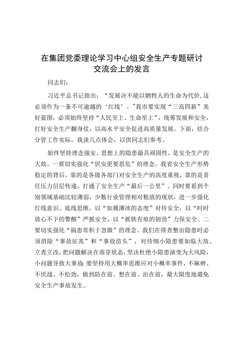 研讨发言：集团党委理论学习中心组安全生产专题研讨交流发言.docx_第1页