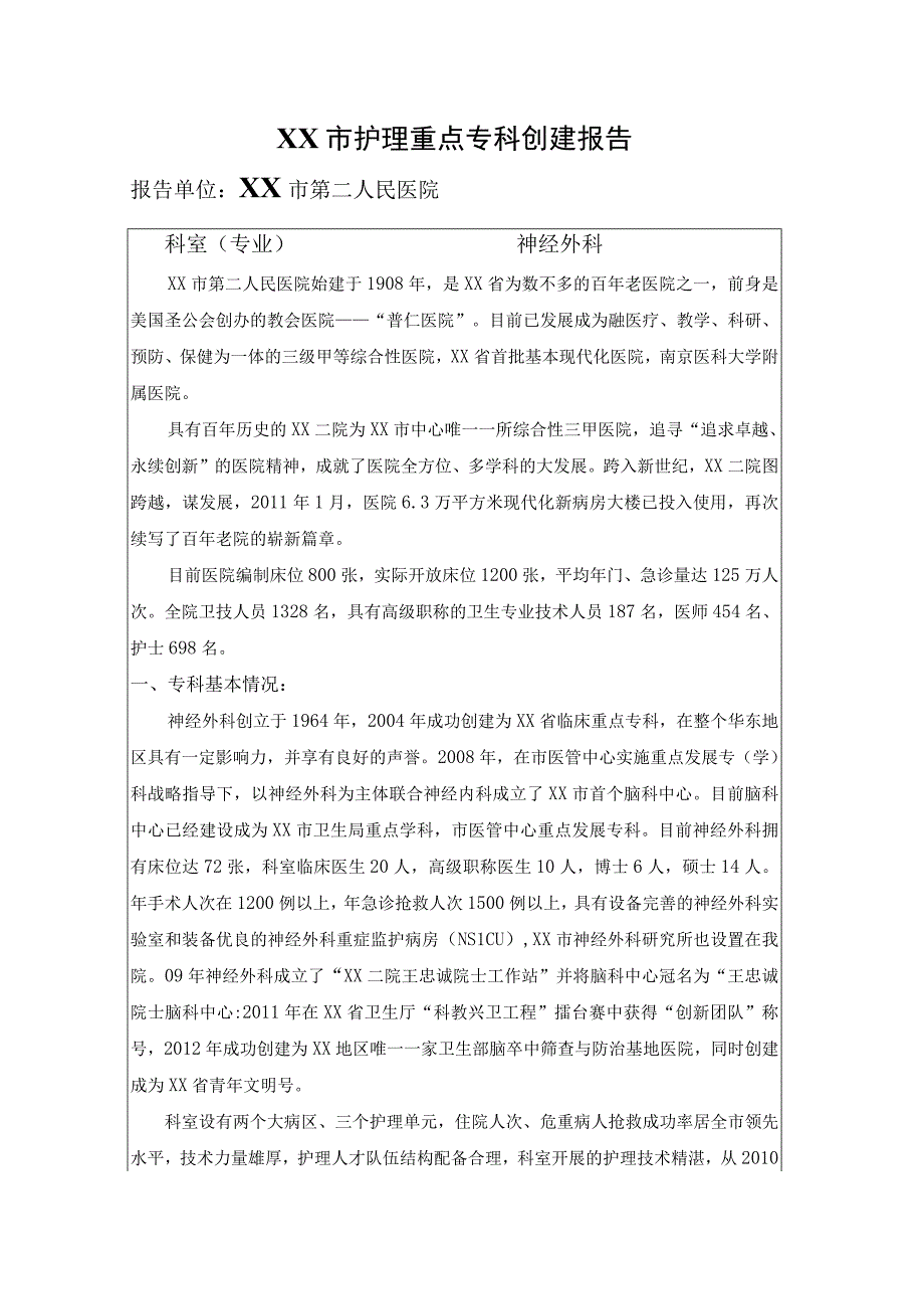 神经外科创建护理重点专科创建报告.docx_第1页