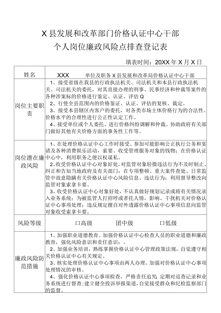 某县发展和改革部门价格认证中心干部个人岗位廉政风险点排查登记表.docx_第1页