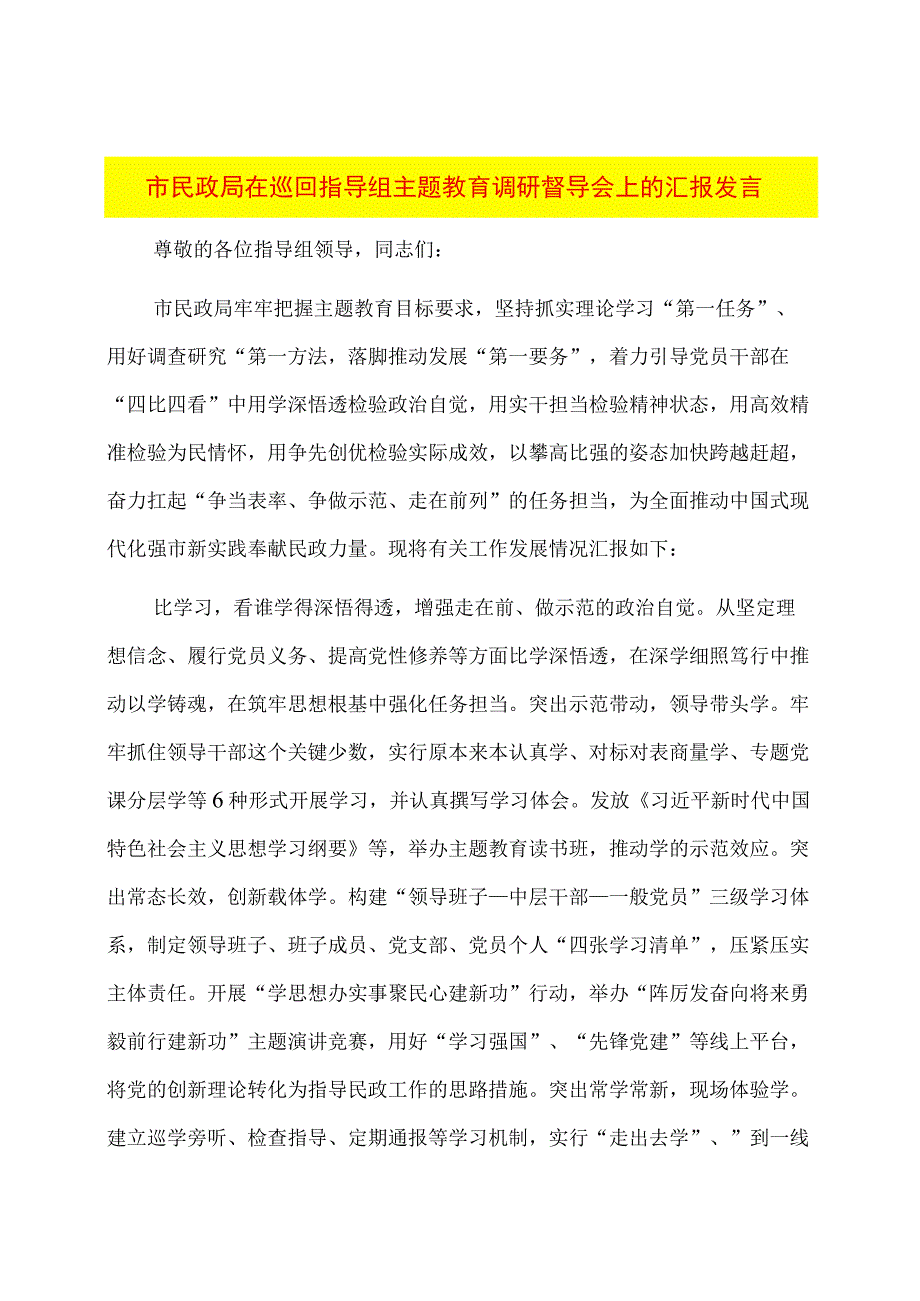 市民政局在巡回指导组主题教育调研督导会上的汇报发言.docx_第1页