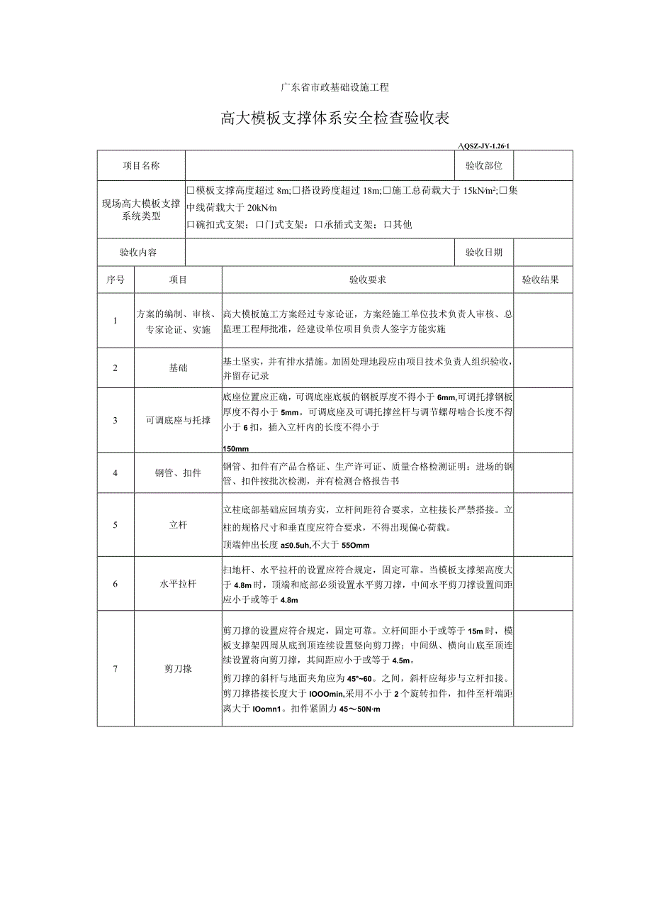 高大模板支撑体系安全检查验收表.docx_第1页