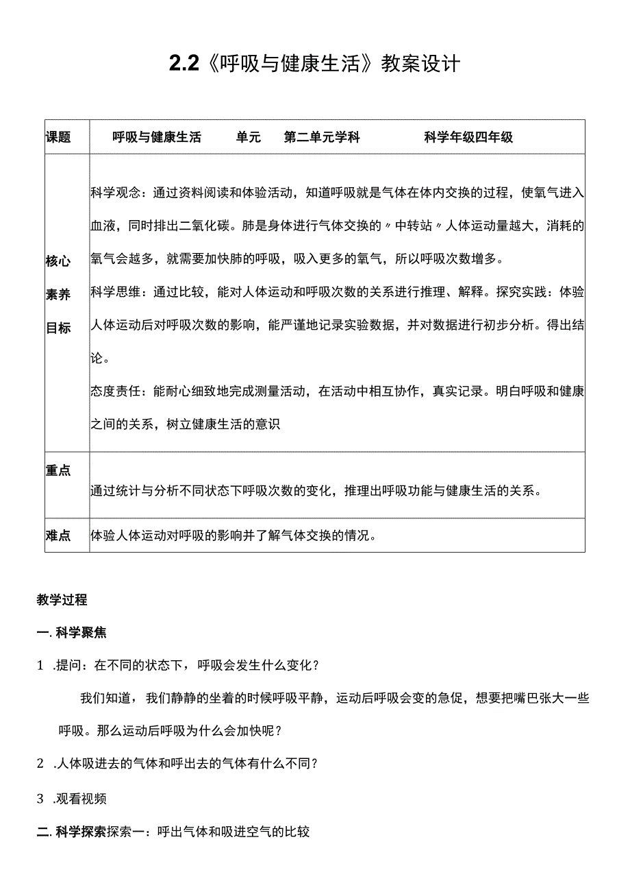 （核心素养目标）2-2 呼吸与健康生活 教案设计.docx_第1页