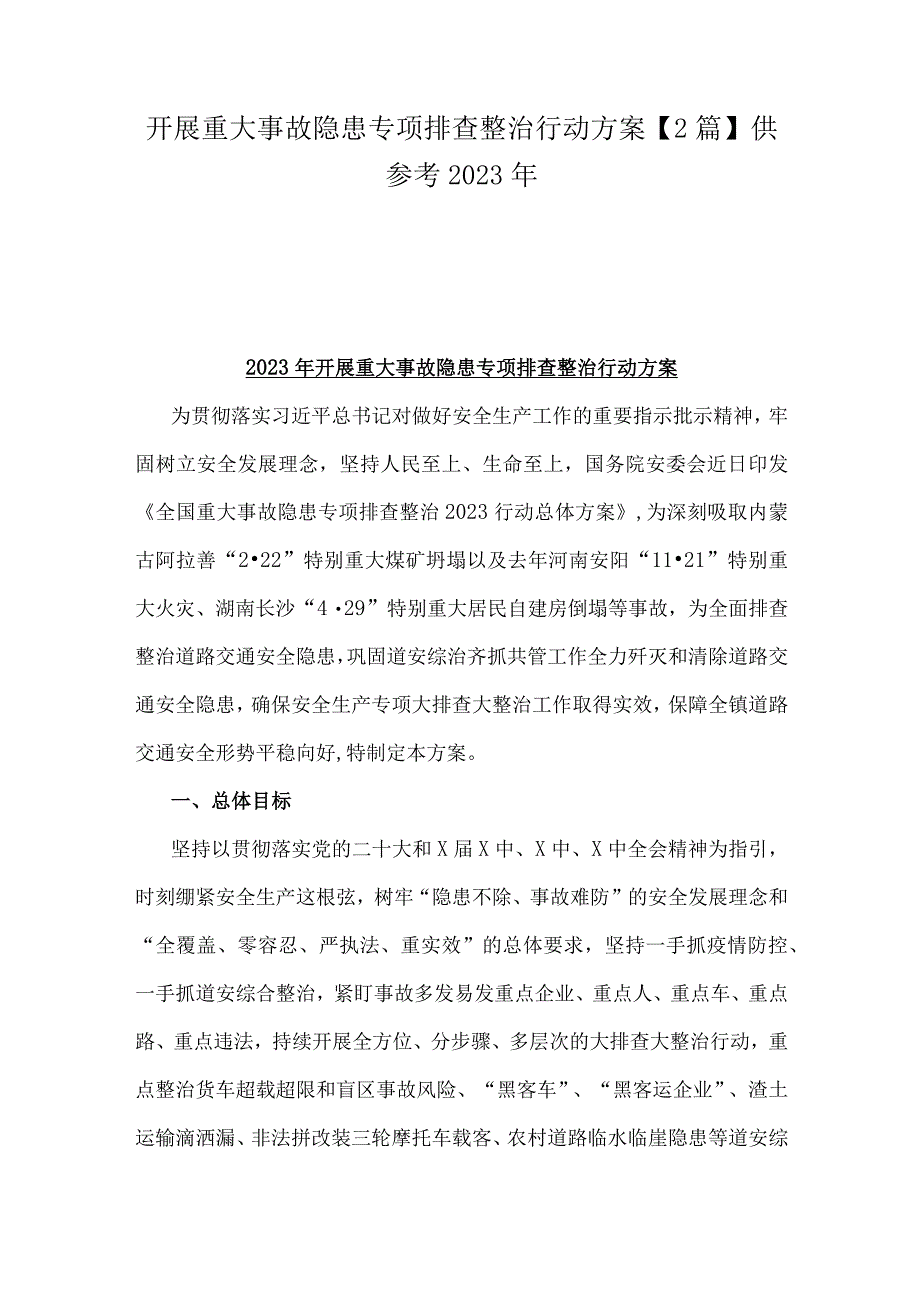 开展重大事故隐患专项排查整治行动方案【2篇】供参考2023年.docx_第1页