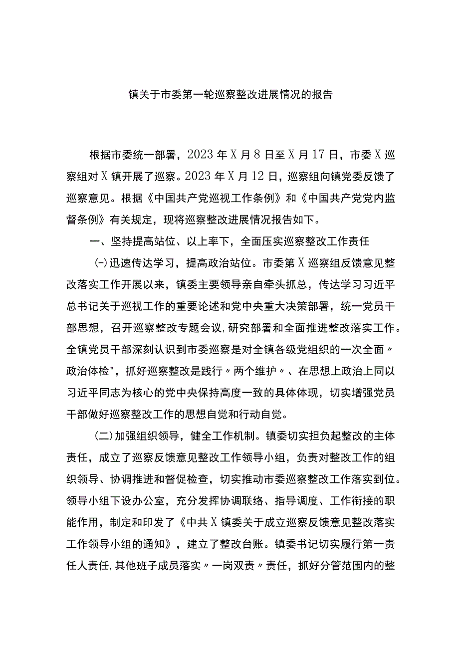 镇关于市委第一轮巡察整改进展情况的报告.docx_第1页