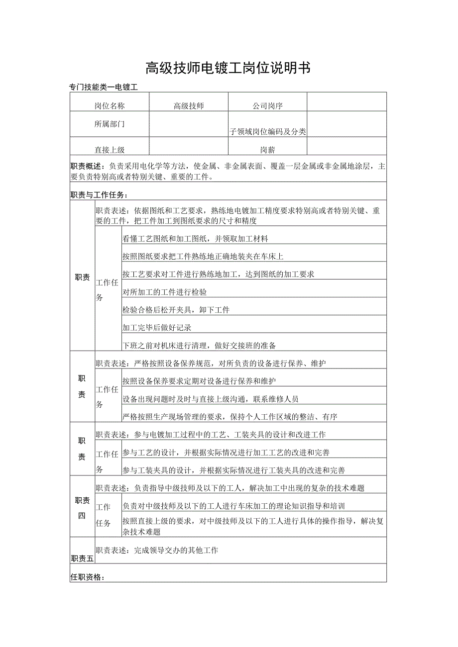 高级技师电镀工岗位说明书.docx_第1页