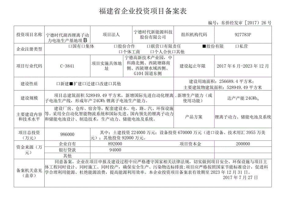 福建省企业投资项目备案表.docx_第1页