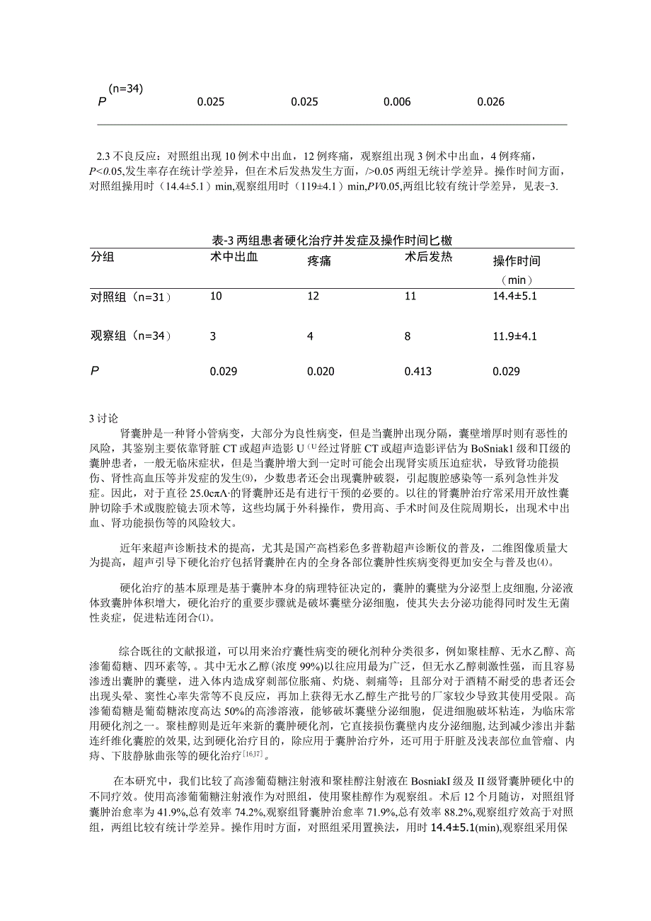 超声引导下高渗葡萄糖与聚桂醇对BosniakⅠ级和Ⅱ级肾囊肿硬化疗效对比研究.docx_第3页