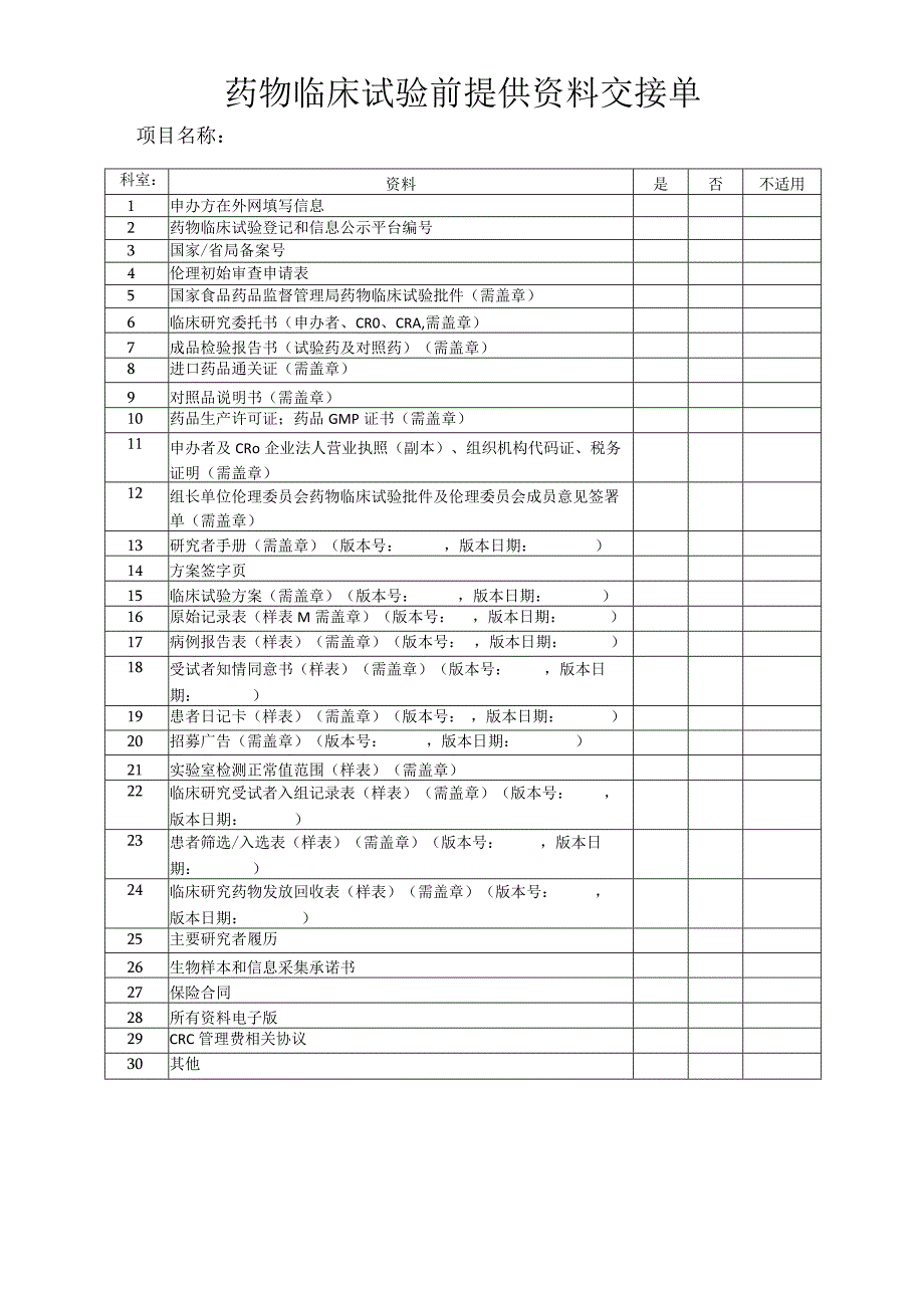 药物临床试验前提供资料交接单.docx_第1页