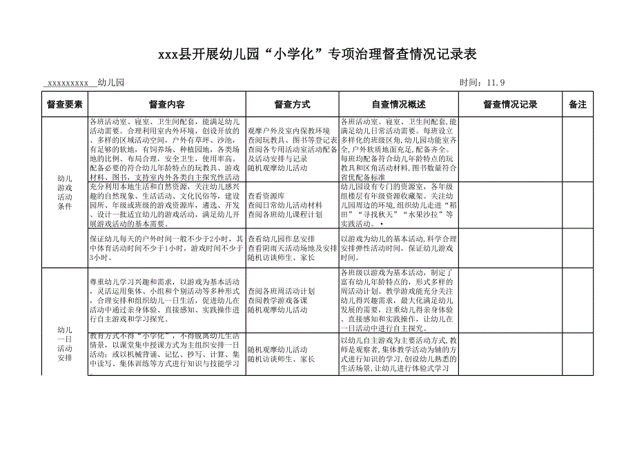 幼儿园“小学化”专项治理督查情况记录表.xls_第1页