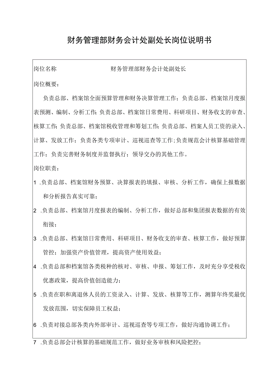 财务管理部财务会计处副处长岗位说明书.docx_第1页