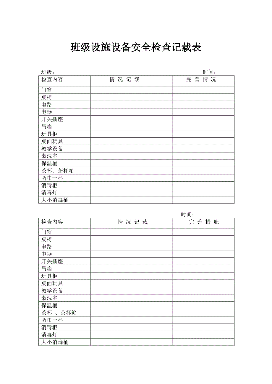 班级设施设备安全检查记载表.doc_第1页