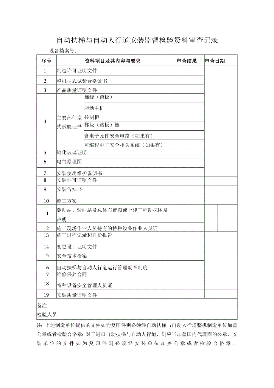 自动扶梯与自动人行道安装监督检验资料审查记录.docx_第1页