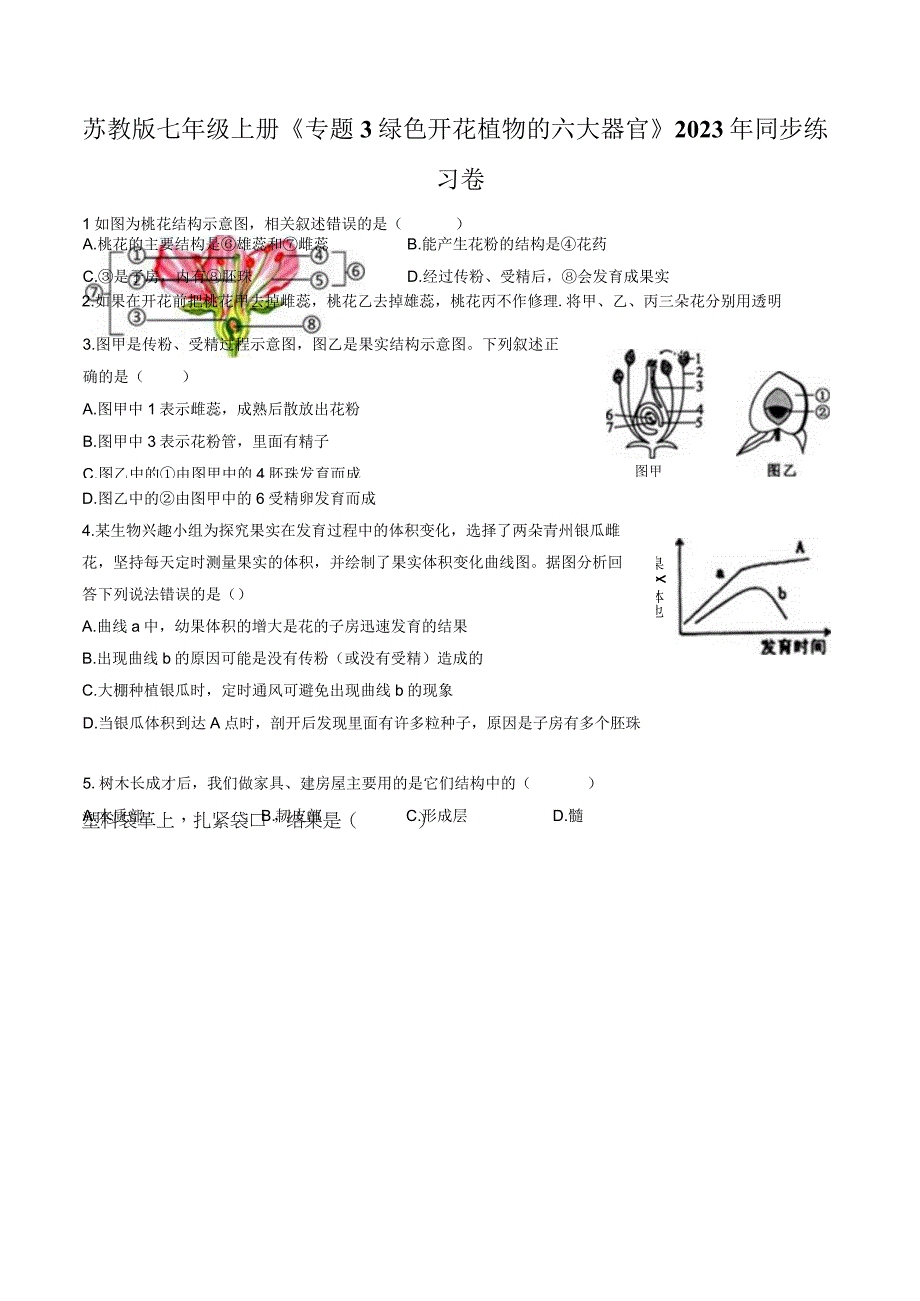 苏教版七年级上册《专题3 绿色开花植物的六大器官》2023年同步练习卷（附答案详解）.docx_第1页