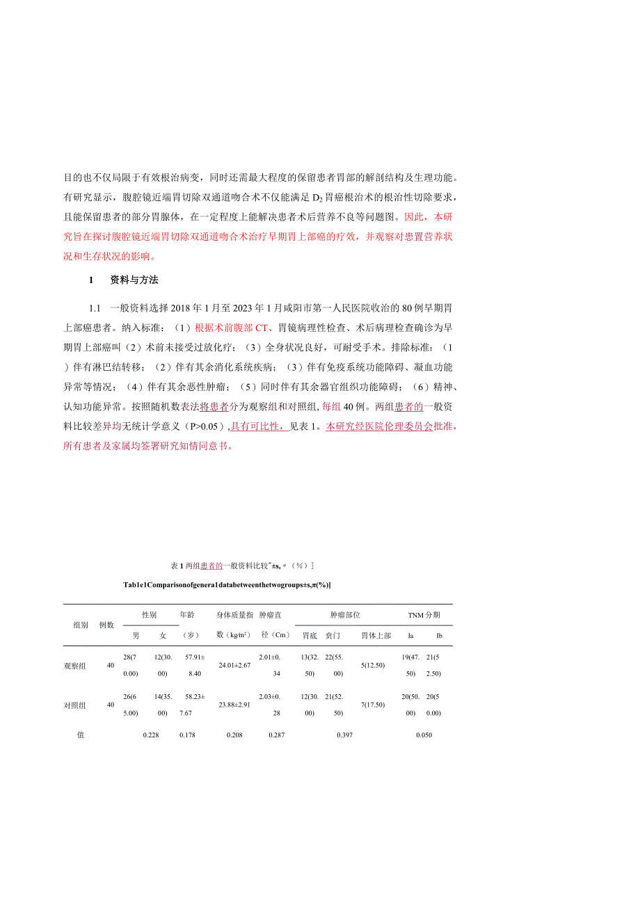 腹腔镜近端胃切除双通道吻合术治疗早期胃上部癌的疗效及对营养状况和生存状况的影响.docx_第3页