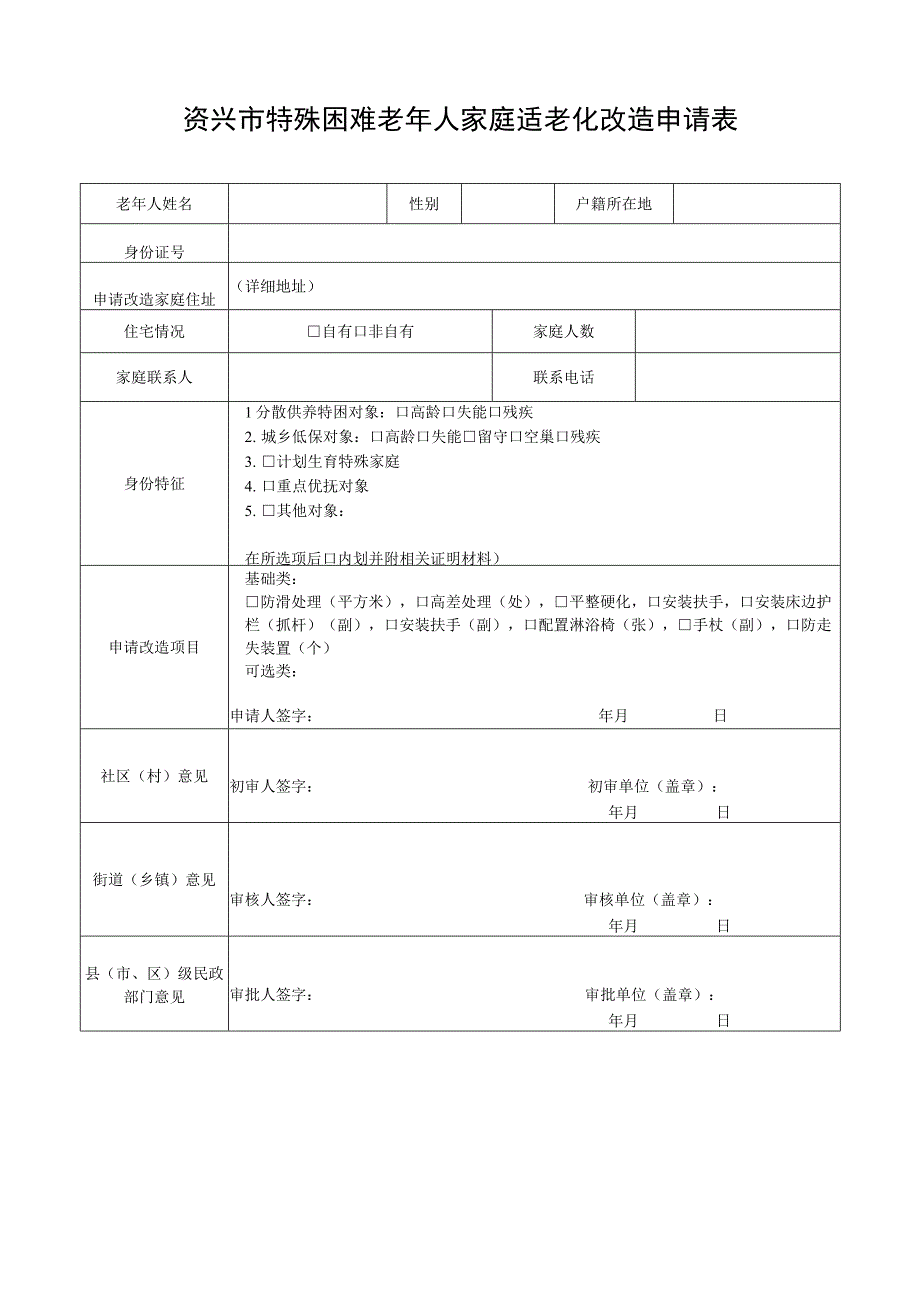 资兴市特殊困难老年人家庭适老化改造申请表.docx_第1页