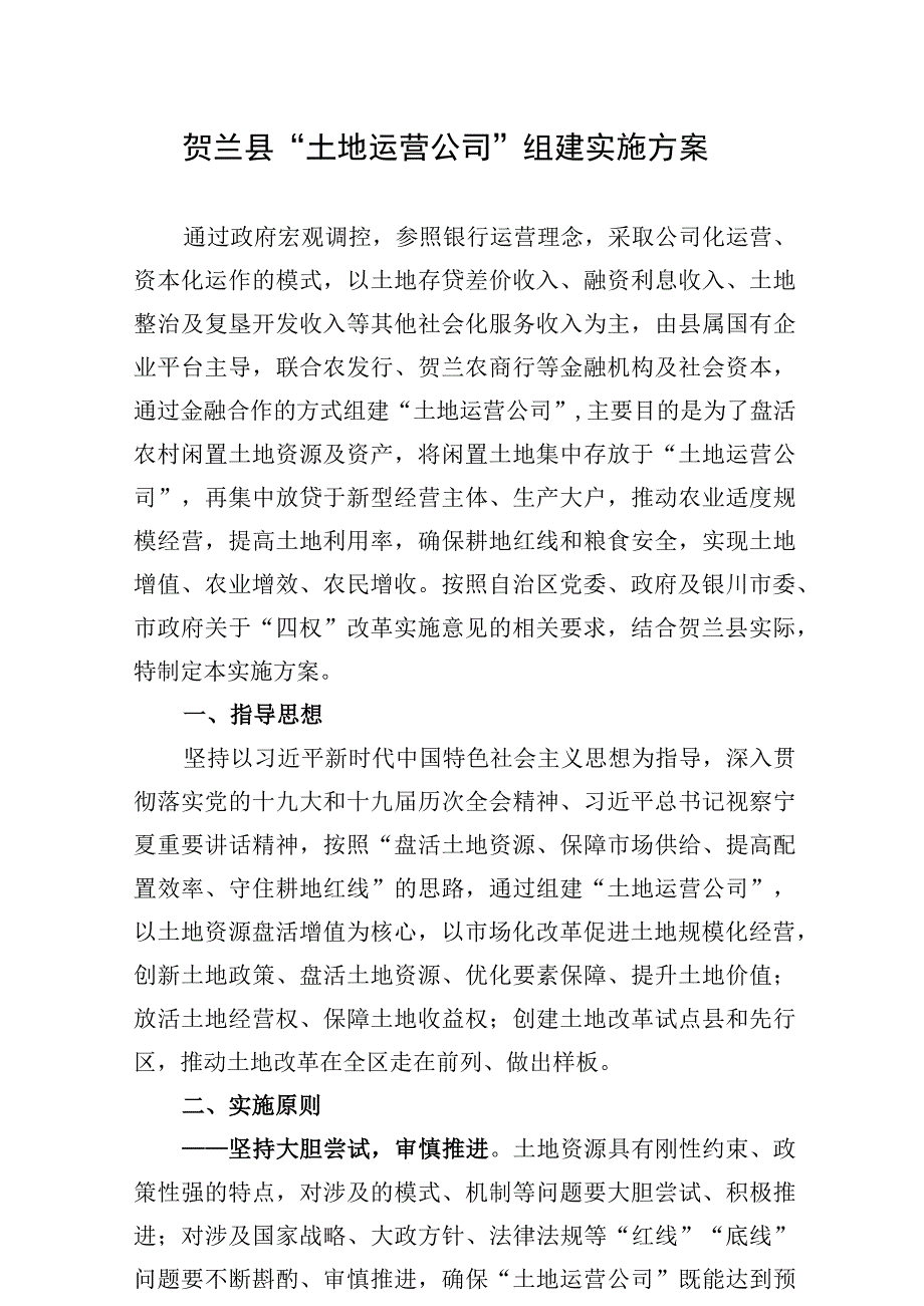 贺兰县“土地运营公司”组建实施方案.docx_第1页