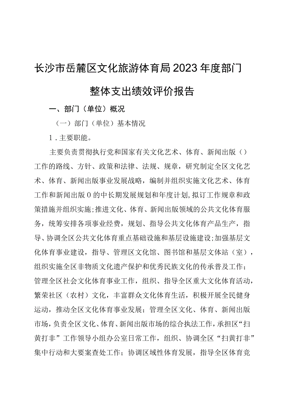 长沙市岳麓区文化旅游体育局2020年度部门整体支出绩效评价报告.docx_第1页