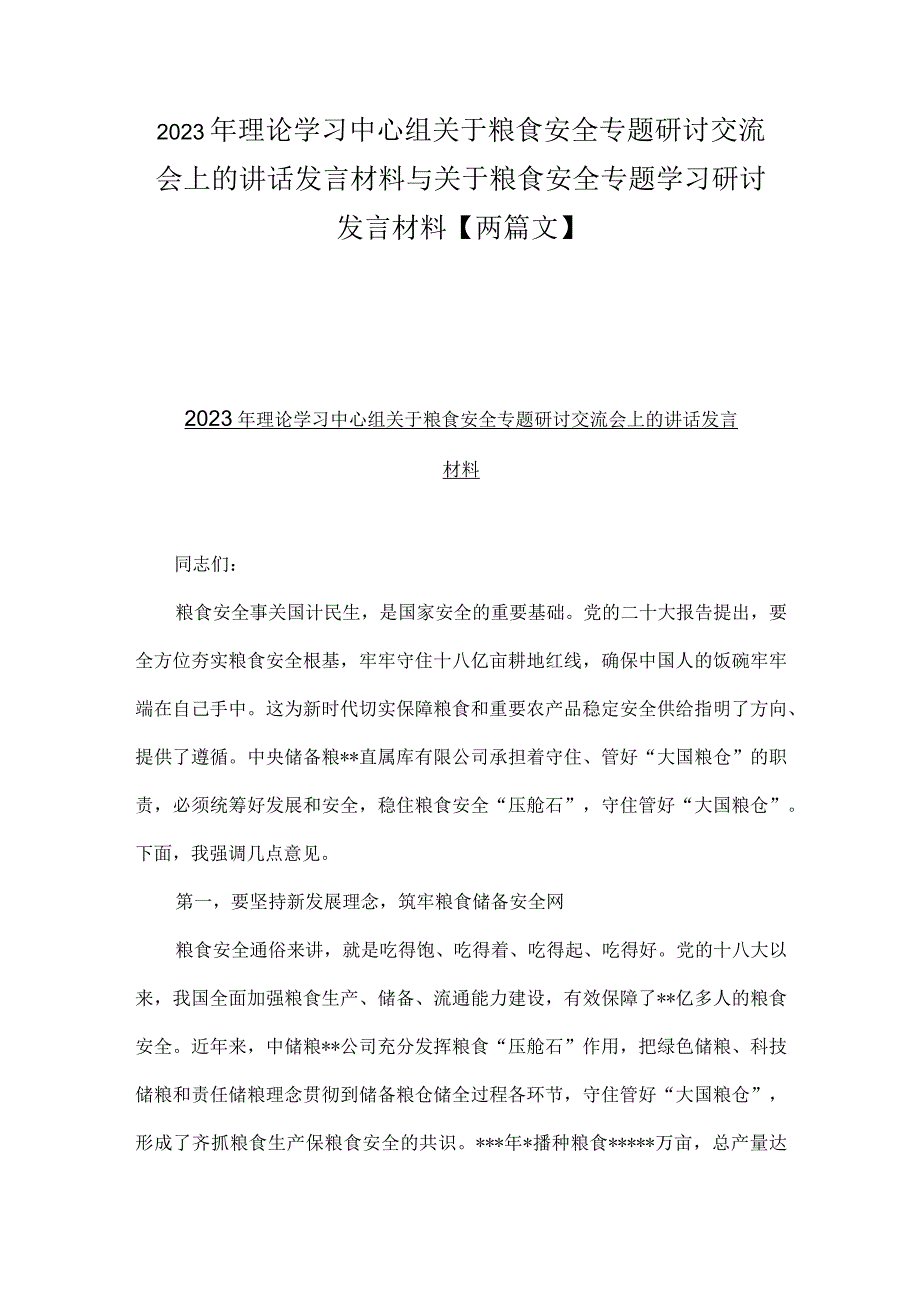 2023年理论学习中心组关于粮食安全专题研讨交流会上的讲话发言材料与关于粮食安全专题学习研讨发言材料【两篇文】.docx_第1页