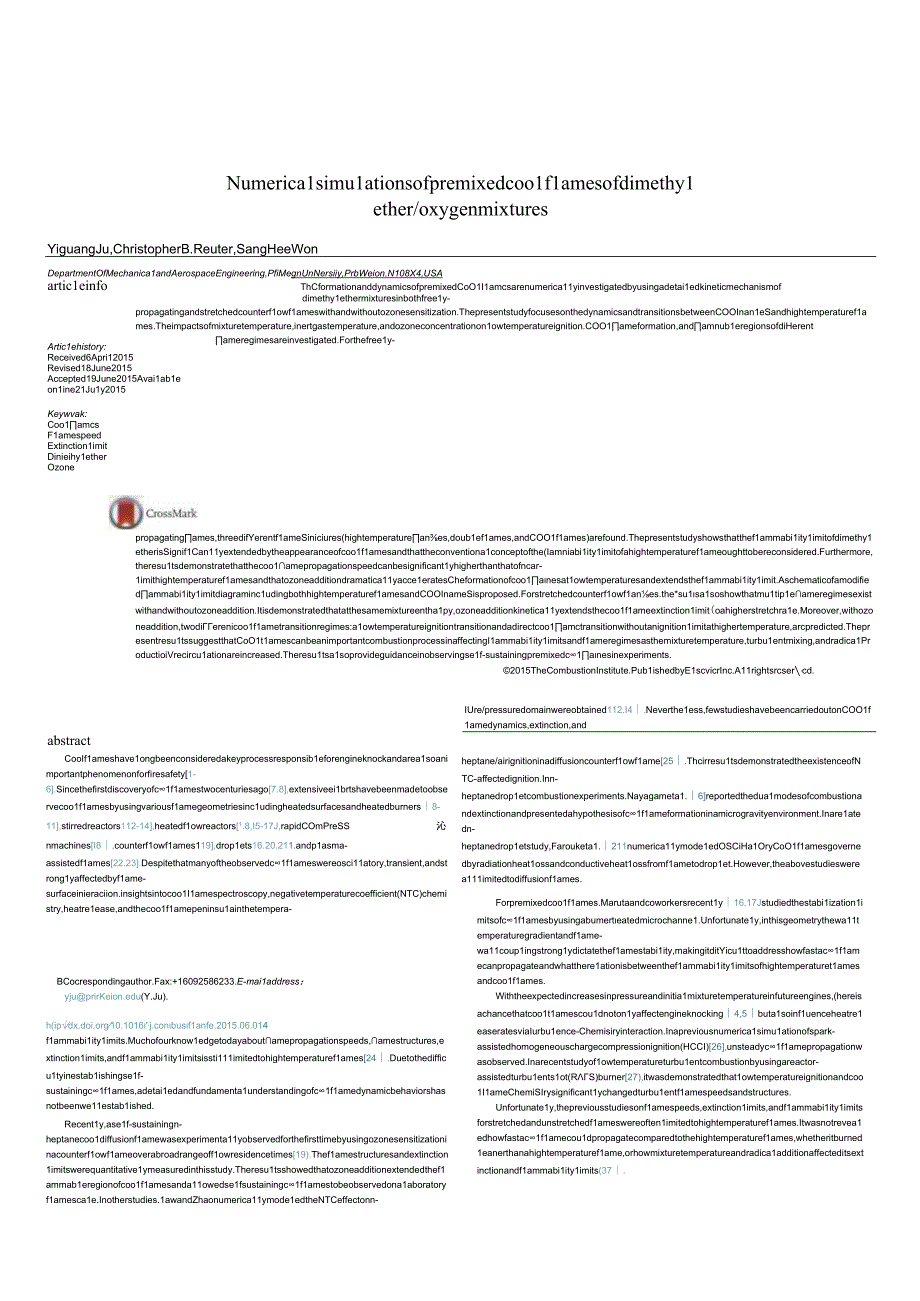 Numerical simulations of premixed cool flames of dimethyl ether／oxygen mixtures.docx_第1页