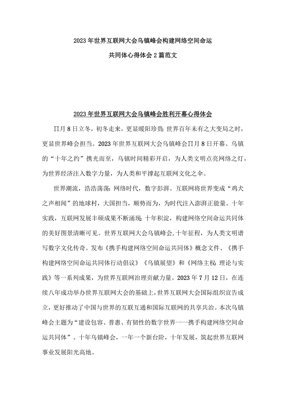 2023年世界互联网大会乌镇峰会构建网络空间命运共同体心得体会2篇范文.docx_第1页