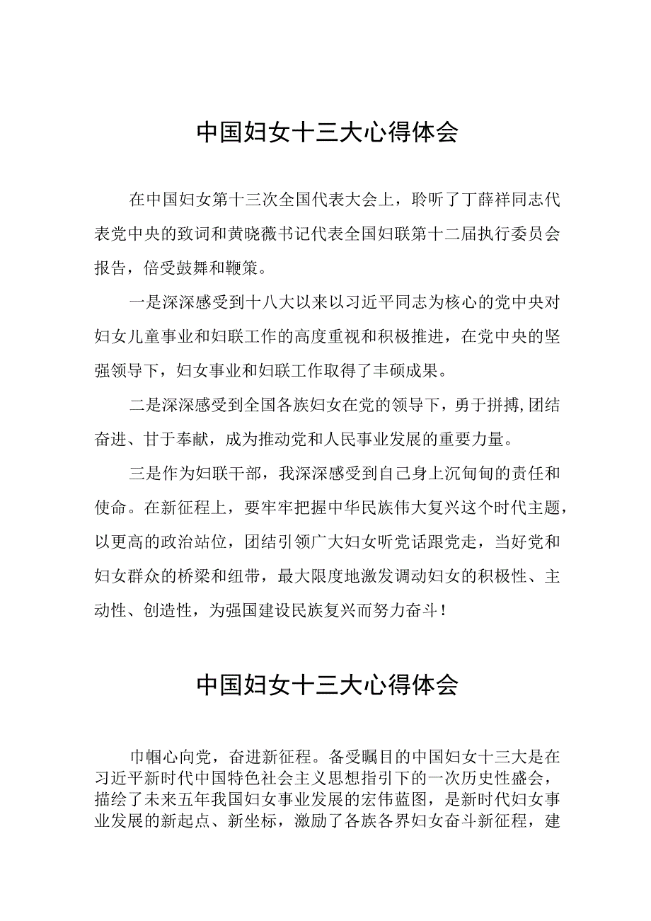 2023年妇女干部学习中国妇女第十三次全国代表大会精神心得体会33篇.docx_第1页