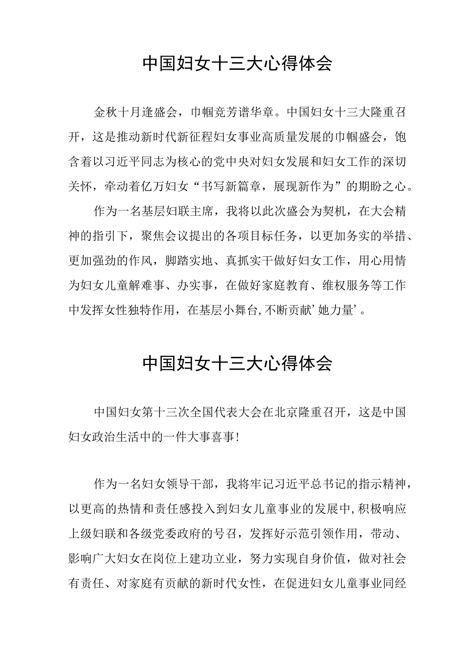 2023年妇女干部学习中国妇女第十三次全国代表大会精神心得体会33篇.docx_第3页